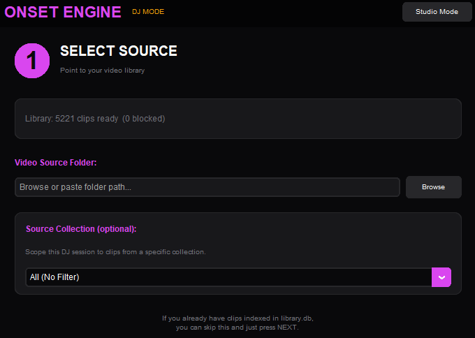 The Onset Engine DJ Mode interface optimized for live performance, showing media bins and beat-matching controls